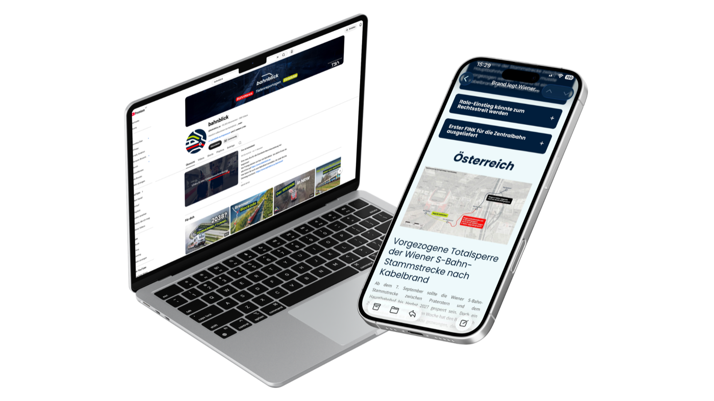 Mockup eines Laptops und eines Smartphones mit dem bahnblick YouTube-Kanal und dem BahnBrief Newsletter