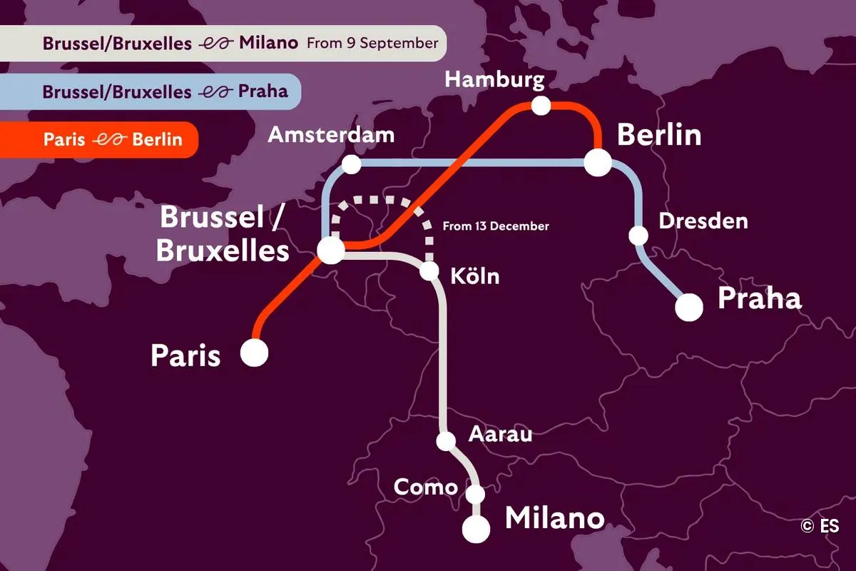 Karte der European-Sleeper-Verbindungen: die orange Linie Paris–Berlin sowie die hellblaue Linie Brüssel–Prag über Amsterdam, Hamburg und Dresden, dazu die Strecke über Köln und Aarau nach Como und Ma